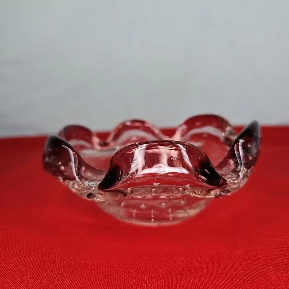 Murano Bubble Ashtray Trinket Bowl VTG Scalloped Bullicante Amethyst Violet Art